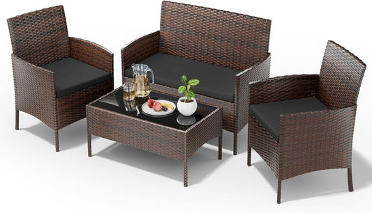 UDPATIO Patio Furniture 4 Pieces Outdoor Wicker Rattan Chair Balcony Conversation Sets Porch Furniture Sectional Loveseat w Cushions and Table for Backyard Pool Garden (Brown-Grey)