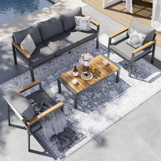 Poteban Aluminum Patio Furniture Set, Modern Metal Outdoor Patio Furniture, 6 Pcs Patio Conversation Sets with Wood Top Armrest & Table for Poolside, Deck, Gray(Included Waterproof Covers)