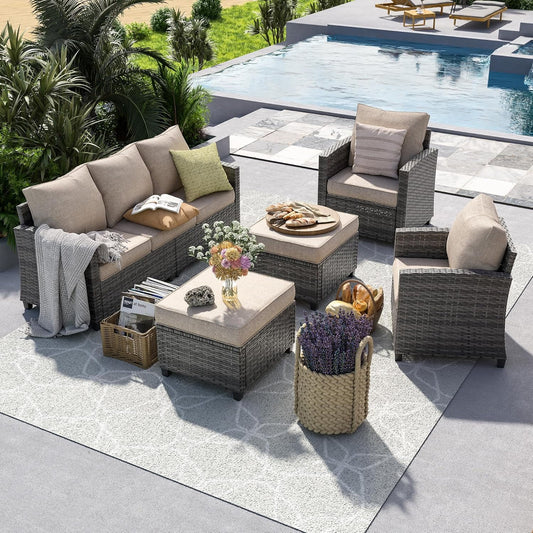 Poteban Patio Furniture Set, 5 Pieces Outdoor Sectional Sofa Set, All-Weather Wicker Rattan High Back Outdoor Conversation Set with Ottoman for Poolside, Backyard, Grey Wicker Khaki Cushion