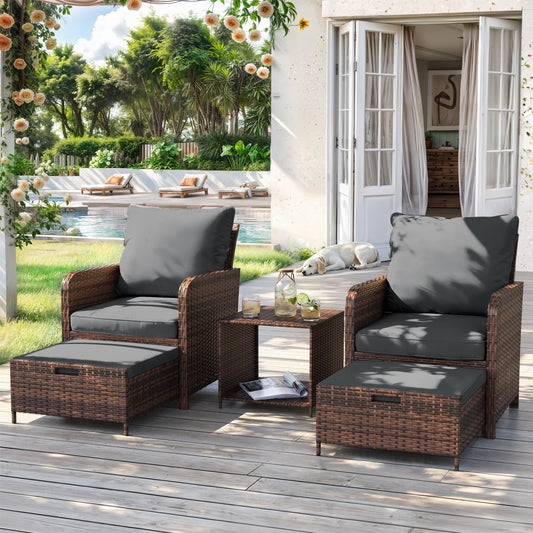 Poteban Balcony Furniture 5 Piece Patio Furniture Set, Outdoor Patio Chair with Ottoman for Front Porch Deck, Wicker Lounge Chair with Side Table, Grey