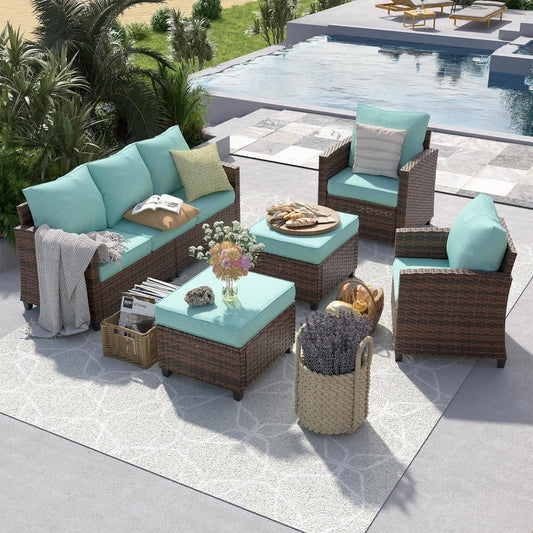 Poteban Patio Furniture Set, 5 Pieces Outdoor Sectional Sofa Set, All-Weather Wicker Rattan High Back Patio Conversation Set with Ottoman for Poolside, Backyard, 4" Thick Cushions, Light Blue