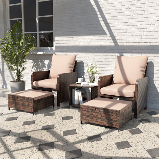 Amopatio 5 Piece Patio Furniture Set, Outdoor Patio Conversation Rattan Chair with Ottomans w/Storage Coffee Table for Patio, Space Saving Design for Balcony Poolside Front Porch Deck,khaki