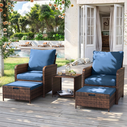 Poteban Balcony Furniture 5 Piece Patio Furniture Set, Outdoor Patio Chair with Ottoman for Front Porch Deck, Wicker Lounge Chair with Side Table,Blue