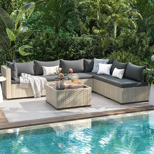 UDPATIO 7 Pieces Outdoor Patio Furniture Set, Outdoor Wicker Patio Conversation Set with Cushions for Backyard, Porch, Garden(Gray)