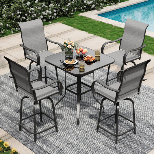 Poteban Patio Swivel Bar Stools Chair of 4, Outdoor Bar Heigt Set, All Weather High Back and Armrest Rocking Stools & Bar Chairs for Backyard, Lawn Garden, Balcony and Pool,Gray&White