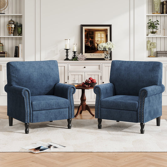 YOUDENOVA Modern Accent Armchair set of 2, with tufted buttons & riveted trim,for living room,bedroom,office,Navy Blue