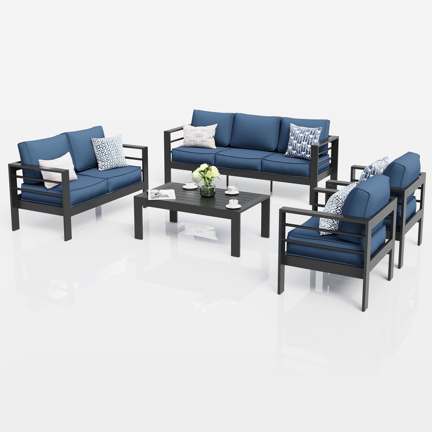 Techmilly Oversized Aluminum Patio Furniture Set, Modern Metal Outdoor Patio Conversation Sets Patio Sectional Sofa Set with 5 Inch Cushion for Deck, Grey Blue (Include 4 Sofa Covers)