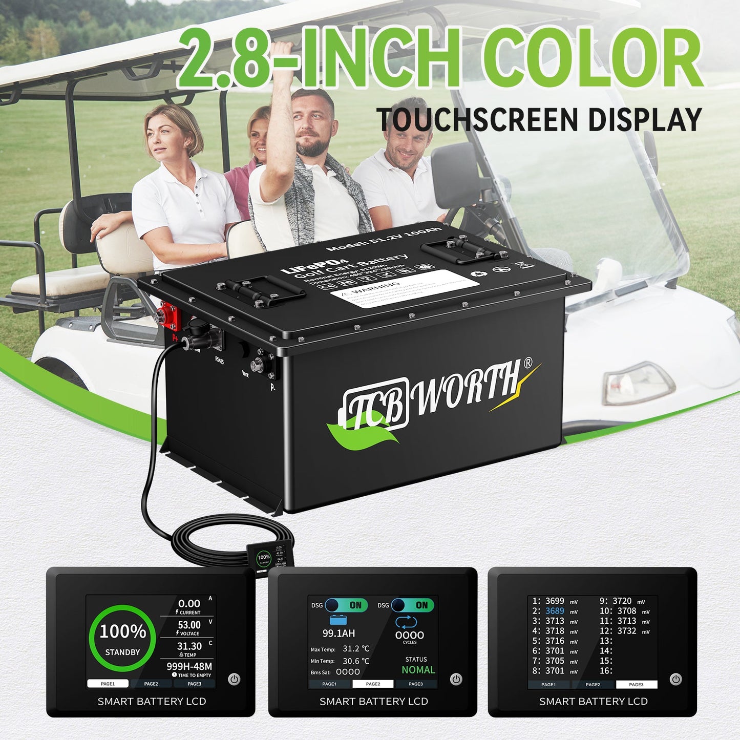 48V 105Ah Golf Cart Lithium Battery,150A BMS,with a Smart Battery Monitor,15000+ Cycles