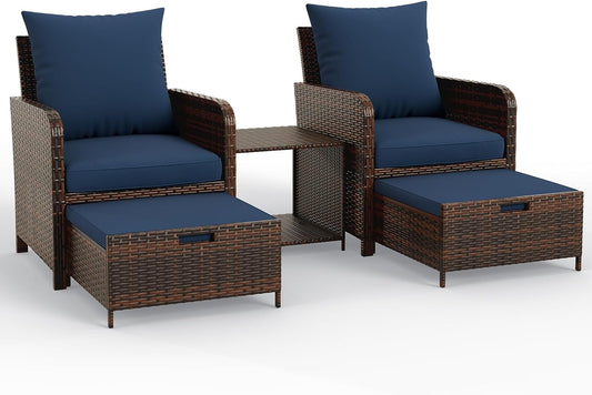 UDPATIO 5 Piece Patio Furniture Set, Outdoor Patio Conversation Rattan Chair with Ottomans w/Storage Coffee Table for Patio, Space Saving Design for Balcony Poolside Front Porch Deck, Navy