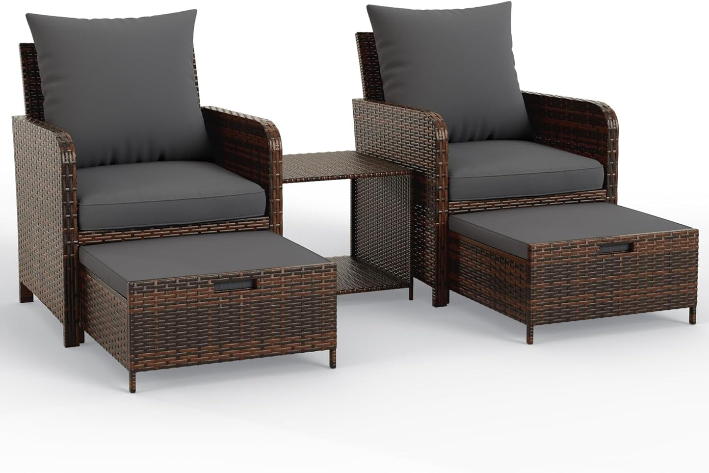 UDPATIO Balcony Furniture Patio Set with Ottoman, Patio Bistro Set 5 Piece Wicker Patio Furniture Set with Footrest for Front Porch Small Space