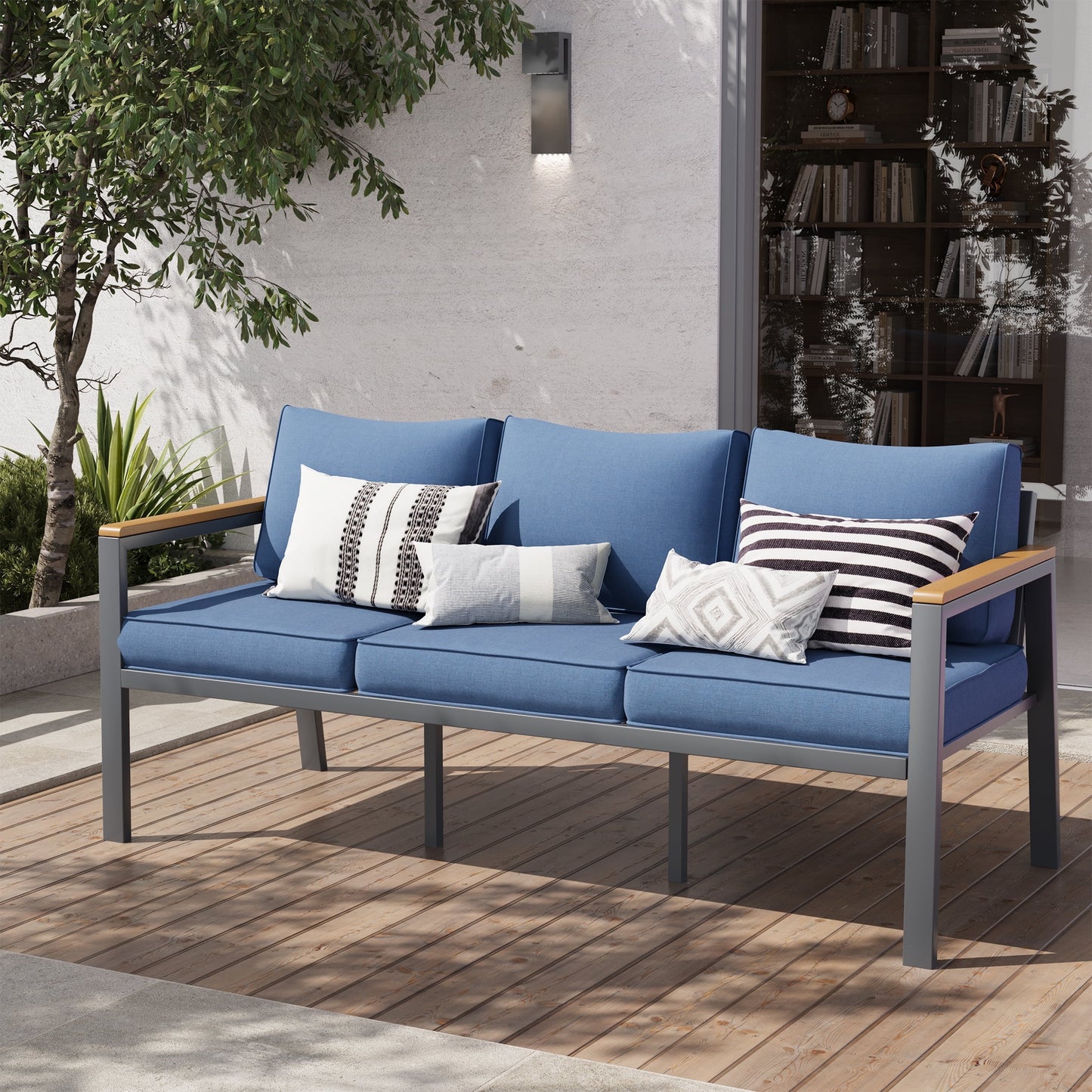 Poteban Aluminum Patio Furniture Sofa,All-Weather Metal Outdoor Sofa,Modern Couch with Waterproof Covers,Blue(3-Seat Sofa)