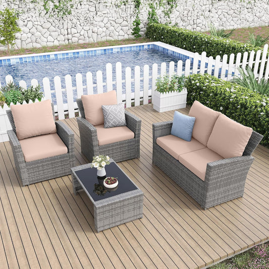 Techmilly Wicker Patio Furniture Set, 4 Piece Outdoor Sectional Conversation Sets, Gray PE Rattan Patio Sofa Set for Balcony, Porch, Backyard, Khaki