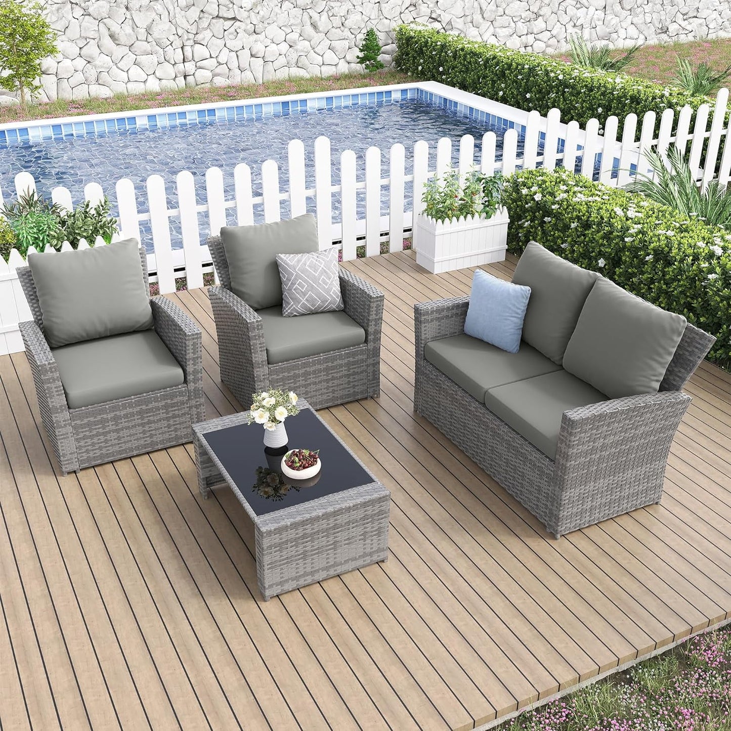 Techmilly Wicker Patio Furniture Set, 4 Piece Outdoor Sectional Conversation Sets, Gray PE Rattan Patio Sofa Set for Balcony, Porch, Backyard, Grey