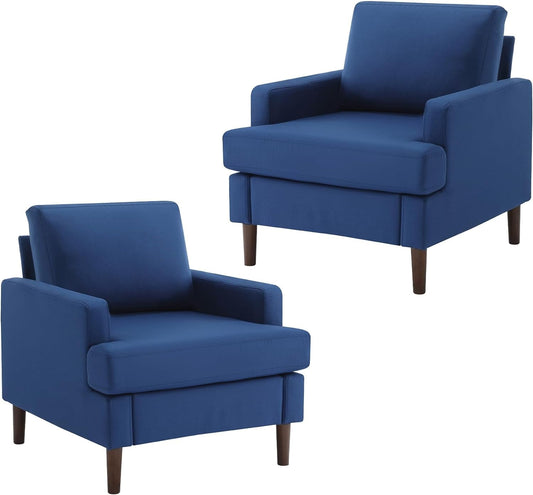 YOUDENOVA Modern Accent Chair Set of 2, Mid-Century Living Room Chair Linen Armchair with Wood Legs, Upholstered Cushion Small Sofa Chair Lounge Chair for Bedroom, Blue