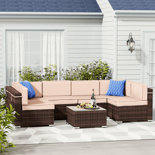 Amopatio 7 Pieces Patio Conversation Set, Outdoor Sectional PE Rattan Wicker Furniture Seat,Beige