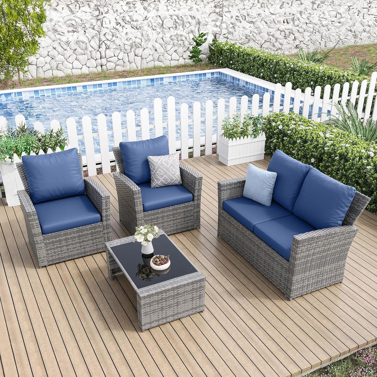 Techmilly Wicker Patio Furniture Set, 4 Piece Outdoor Sectional Conversation Sets, Gray PE Rattan Patio Sofa Set for Balcony, Porch, Backyard, Blue