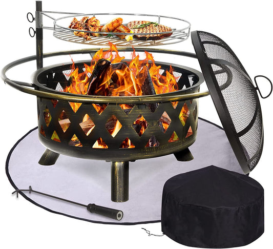 UDPATIO Fire Pit for Outside 30 Inch with Cover & Mat Outdoor Wood Burning Firepit Large Steel Firepit Bowl with Removable Cooking Swivel BBQ Grill