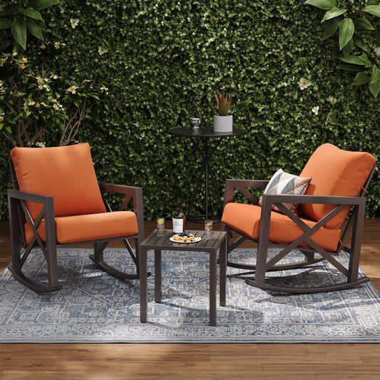 UDPATIO Rocking Chair Bistro Set, 3 Piece Outdoor Patio Furniture Set with 2 Rockers and 1 Metal Coffee Table with Thick Cushions for Porch, Backyard, Poolside, Orange