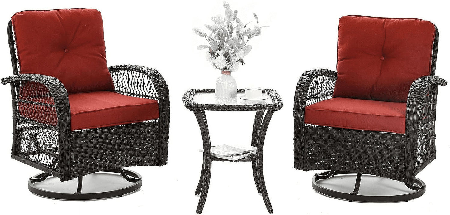 Amopatio 3 Pieces Patio Furniture Set, Outdoor Swivel Glider Rocker, Wicker Patio Bistro Set with Rocking Chair, Thickened Cushions and Table for Porch（Red）