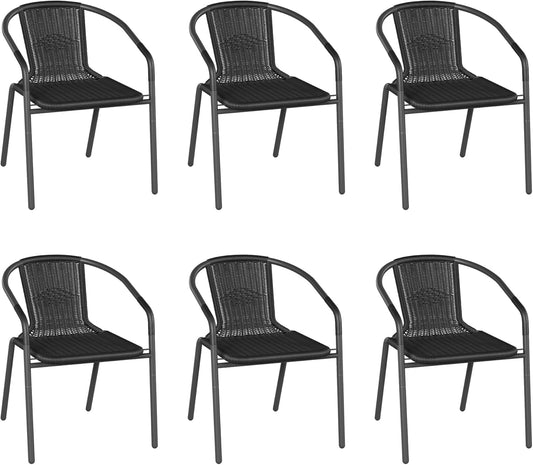 UDPATIO Rattan Outdoor Dining Chairs Set of 6, Wicker Stackable Patio Chairs with All Weather Curved Back & Metal Frame, for Indoor Restaurant Porch Deck, Black