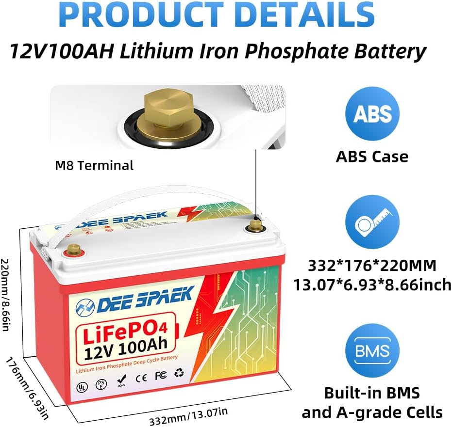 12V 100Ah LiFePO4 Battery, DEESPAEK 12 Volt Lithium Batteries for RV, Camper, Solar, Trolling Motor 10 Years Warranty