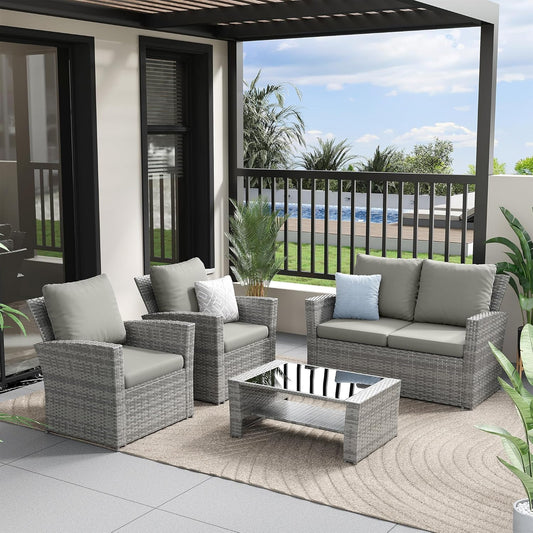 UDPATIO Wicker Patio Furniture Set, 4 Piece Outdoor Sectional Conversation Sets, Gray PE Rattan Patio Sofa Set for Balcony, Porch, Backyard, Grey