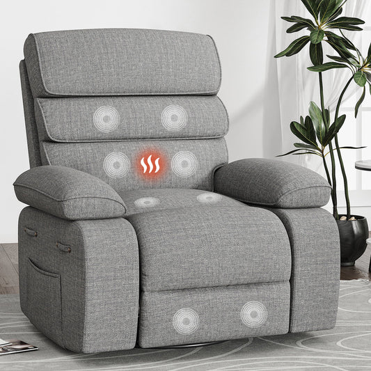 YOUDENOVA Massage Swivel Rocker Recliner Chair with heating function, burlap,remote control and side pocket for living room,gray