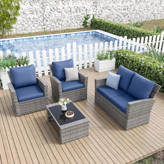 UDPATIO Wicker Patio Furniture Set, 4 Piece Outdoor Sectional Conversation Sets, Gray PE Rattan Patio Sofa Set for Balcony, Porch, Backyard, Grey