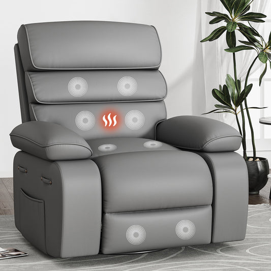 YOUDENOVA Massage Swivel Rocker Recliner Chair with heating function, faux leather,remote control and side pocket for living room,gray