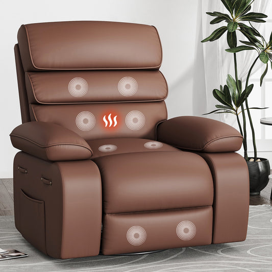 YOUDENOVA Massage Swivel Rocker Recliner Chair with heating function, faux leather,remote control and side pocket for living room,dark brown