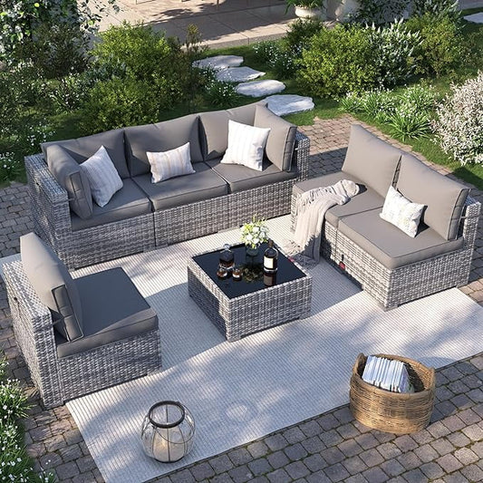 UDPATIO Patio Furniture Sets, Modular Rattan Outdoor Patio Sectional Furniture Sofa Set, Wicker Patio Conversation Set for Backyard, Deck w/Coffee Table, 7PC Grey/Blue (Include Sofa Cover)