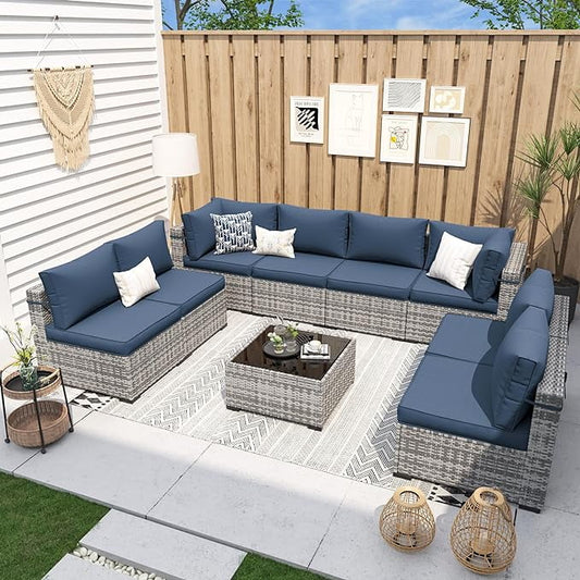 UDPATIO Patio Furniture Sets, Modular Rattan Outdoor Patio Sectional Furniture Sofa Set, Wicker Patio Conversation Set for Backyard, Deck w/Coffee Table, 7PC Grey/Blue (Include Sofa Cover)