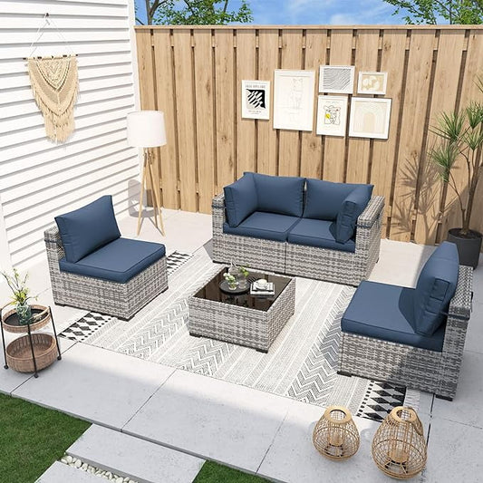 UDPATIO Patio Furniture Sets, Modular Rattan Outdoor Patio Sectional Furniture Sofa Set, Wicker Patio Conversation Set for Backyard, Deck w/Coffee Table, 7PC Grey/Blue (Include Sofa Cover)