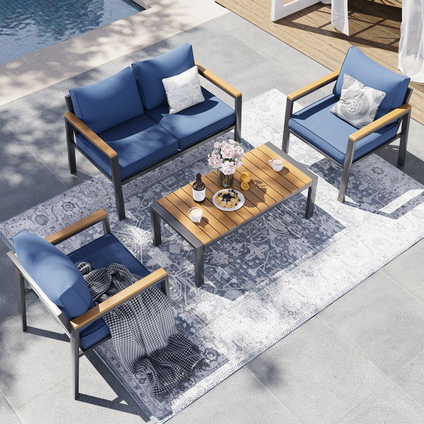 Poteban Aluminum Patio Furniture Set, Modern Metal Patio Furniture Outdoor Couch for Poolside, Deck, Blue (Included Waterproof Covers)