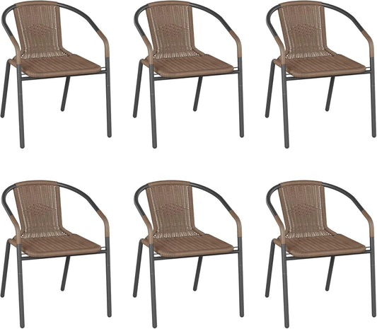 UDPATIO Rattan Outdoor Dining Chairs Set of 6, Wicker Stackable Patio Chairs with All Weather Curved Back & Metal Frame, for Indoor Restaurant Porch Deck, Brown