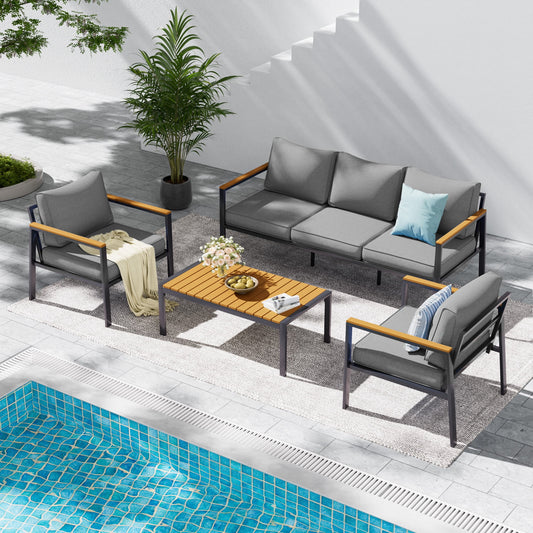 UDPATIO Aluminum Patio Furniture Set, Modern Metal Outdoor Patio Furniture, 6 Pcs Patio Conversation Sets with Wood Top Armrest & Table for Poolside, Deck, Dark Grey (Included Waterproof Covers)