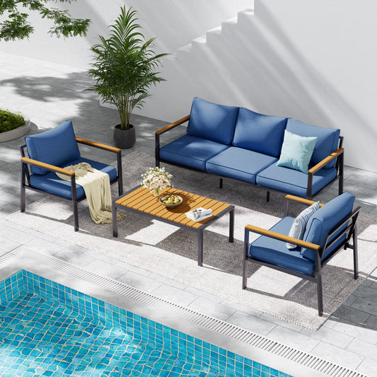 UDPATIO Aluminum Patio Furniture Set, Modern Metal Outdoor Patio Furniture, 6 Pcs Patio Conversation Sets with Wood Top Armrest & Table for Poolside, Deck, Black&blue (Included Waterproof Covers)