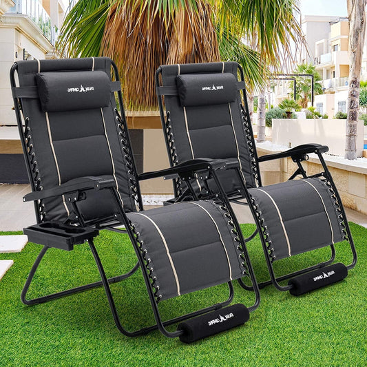 Techmilly Zero Gravity Chair Set of 2 33In Oversized XXL Patio Anti Gravity Chairs Outdoor Lounge Folding Adjustable Recliner with Cup Holder, Foot Rest & Padded Headrest,Grey Support 500lbs