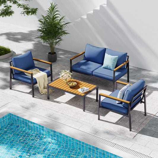 UDPATIO Aluminum Patio Furniture Set, Modern Metal Outdoor Patio Furniture, 5 Pcs Patio Conversation Sets with Wood Top Armrest & Table for Poolside, Deck, Black&blue (Included Waterproof Covers)