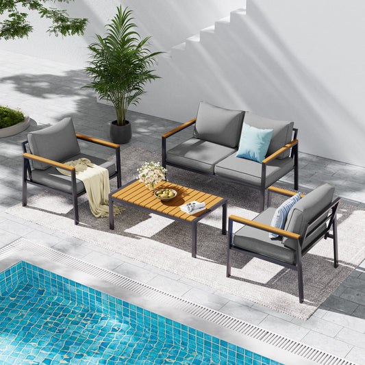 UDPATIO Aluminum Patio Furniture Set, Modern Metal Outdoor Patio Furniture, 5 Pcs Patio Conversation Sets with Wood Top Armrest & Table for Poolside, Deck, Dark Grey (Included Waterproof Covers)