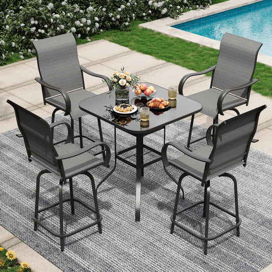 Poteban Patio Swivel Bar Stools Chair of 4, Outdoor Bar Height Set, All Weather High Back and Armrest Rocking Stools & Bar Chairs for Backyard, Lawn Garden, Balcony and Pool