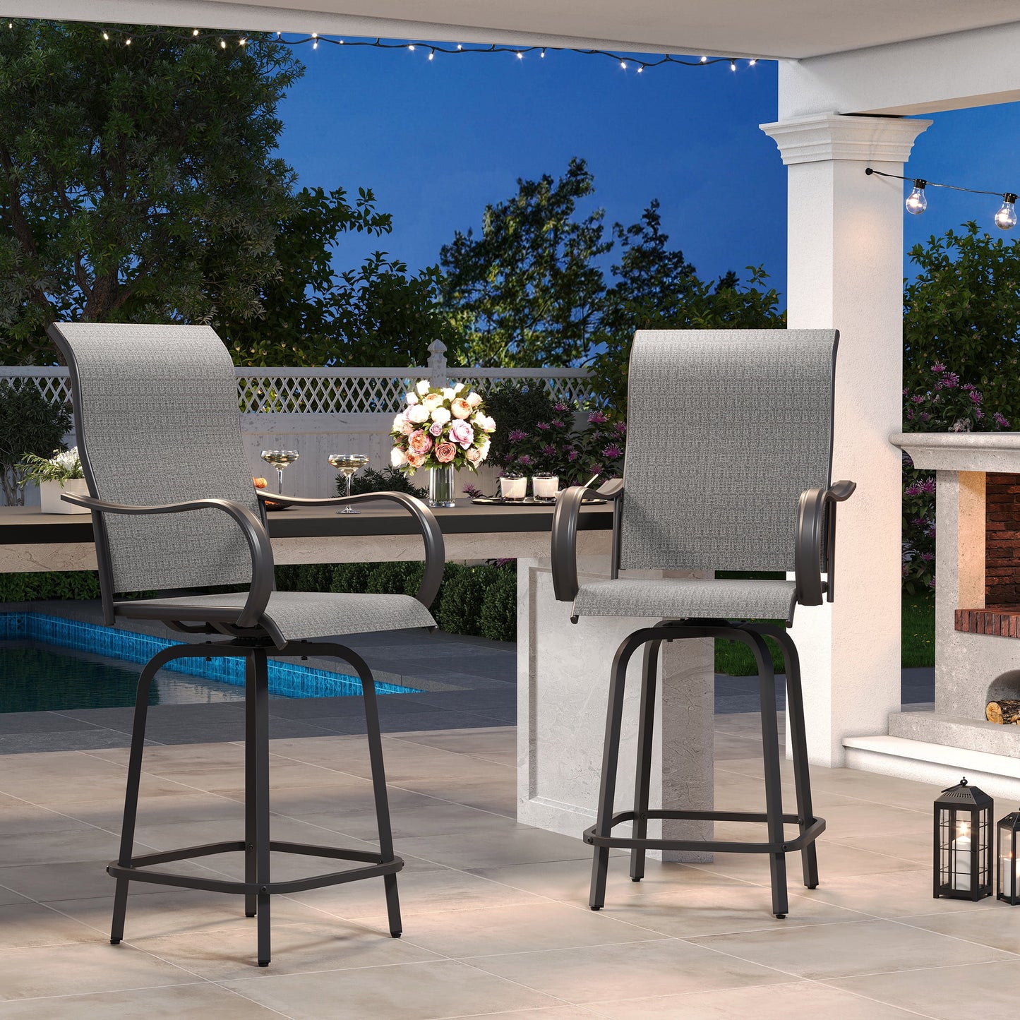 Poteban Patio Swivel Bar Stools Chair of 2, Outdoor Bar Height Set, All Weather High Back and Armrest Rocking Stools & Bar Chairs for Backyard, Lawn Garden, Balcony and Pool