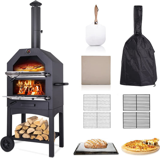 Techmilly Outdoor Pizza Oven Wood Fired, Wood Pizza Ovens for Outside with Waterproof Cover, Pizza Stone, Peel, 2 Layer Steel, Freestanding Steel Oven with 2 Wheels for Kitchen BBQ Backyard Party