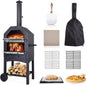 Techmilly Outdoor Pizza Oven Wood Fired, Wood Pizza Ovens for Outside with Waterproof Cover, Pizza Stone, Peel, 2 Layer Steel, Freestanding Steel Oven with 2 Wheels for Kitchen BBQ Backyard Party