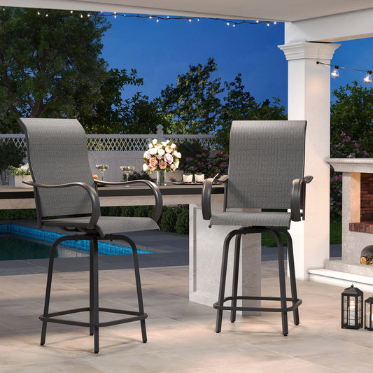 Poteban Patio Swivel Bar Stools Chair of 2, Outdoor Bar Height Set, All Weather High Back and Armrest Rocking Stools & Bar Chairs for Backyard, Lawn Garden, Balcony and Pool