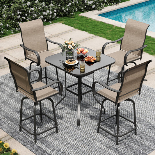 Poteban Patio Swivel Bar Stools Chair of 4, Outdoor Bar Height Set, All Weather High Back and Armrest Rocking Stools & Bar Chairs for Backyard, Lawn Garden, Balcony and Pool