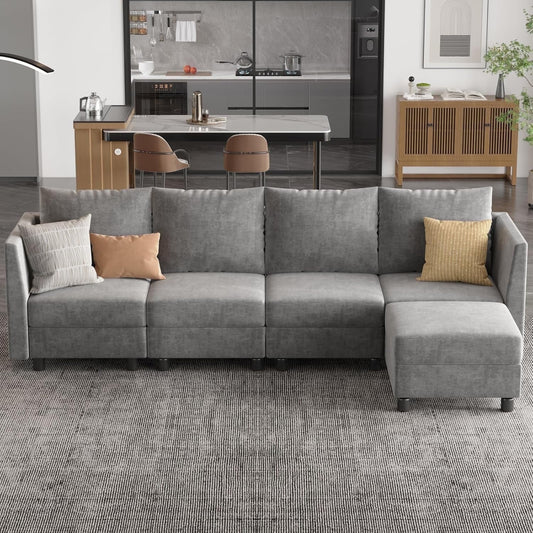 Techmilly Modular Sectional Couch, 5 Seats L Shaped Couch with Storage, Modern Chenille Sofa Set with USB Charging Ports, Comfy Couches with Chaise for Living Room, Office, Light Grey