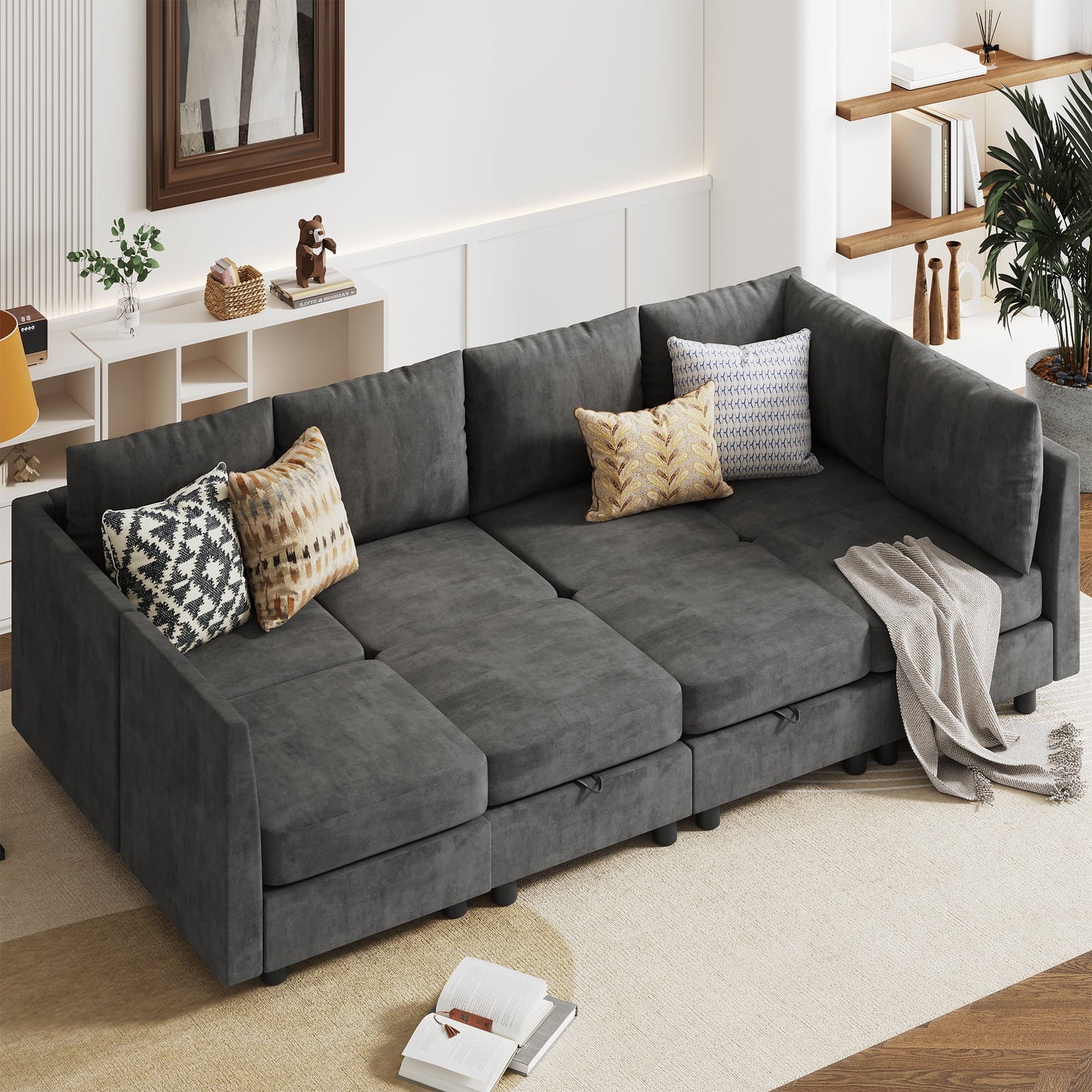 YOUDENOVA Modular Sectional Sleeper Sofa, 8 Seats Sleeper Couch with Storage Ottomans, Modern Chenille Sofa Set with USB Charging Ports, Comfy Bed Couches with Chaise for Living Room, Dark Gray