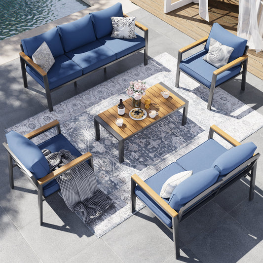 Poteban Aluminum Patio Furniture Set, 8 Pcs Modern Metal Patio Furniture Outdoor Couch with Wood Top Armrest & Table for Poolside, Deck, Blue (Included Waterproof Covers)