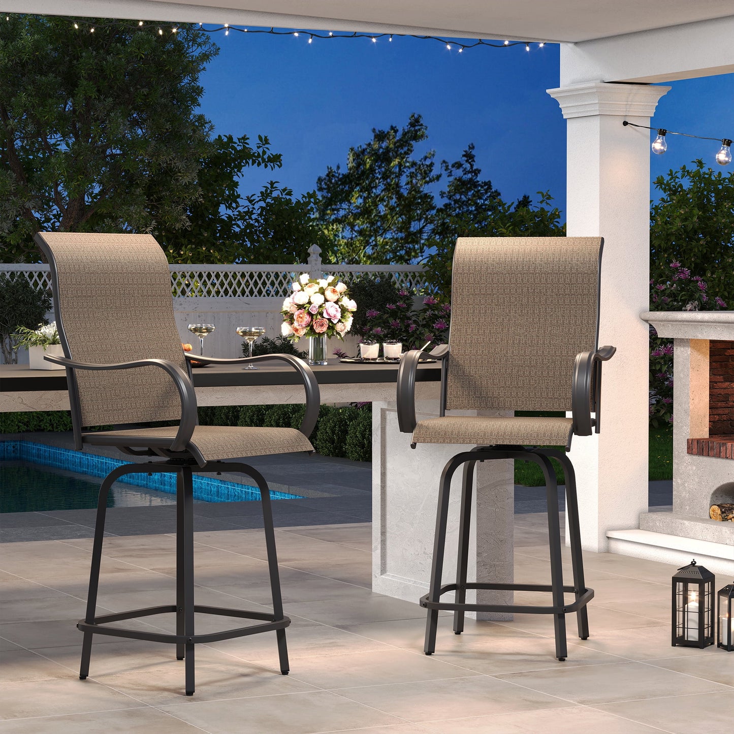 Poteban Patio Swivel Bar Stools Chair of 2, Outdoor Bar Height Set, All Weather High Back and Armrest Rocking Stools & Bar Chairs for Backyard, Lawn Garden, Balcony and Pool